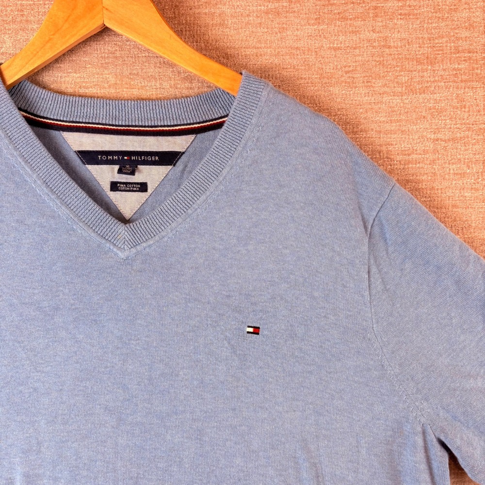 Tommy Hilfiger Pima Cotton V-Neck Sweater Mens XL Blue EUC Americana Heritage